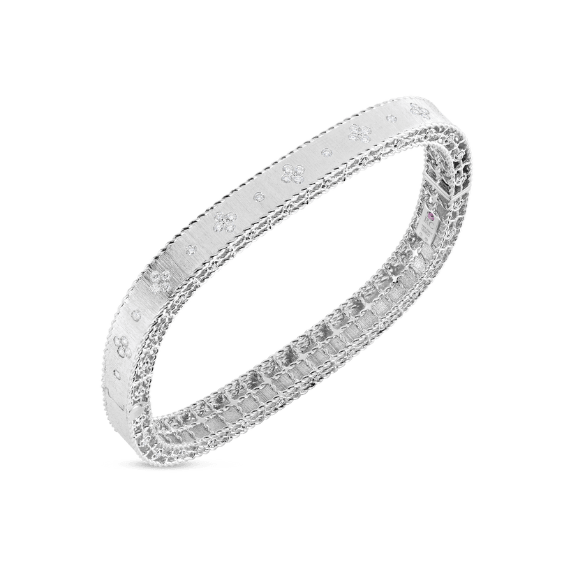 White Gold Satin Finish Slim Bangle with Fleur De Lis Diamonds