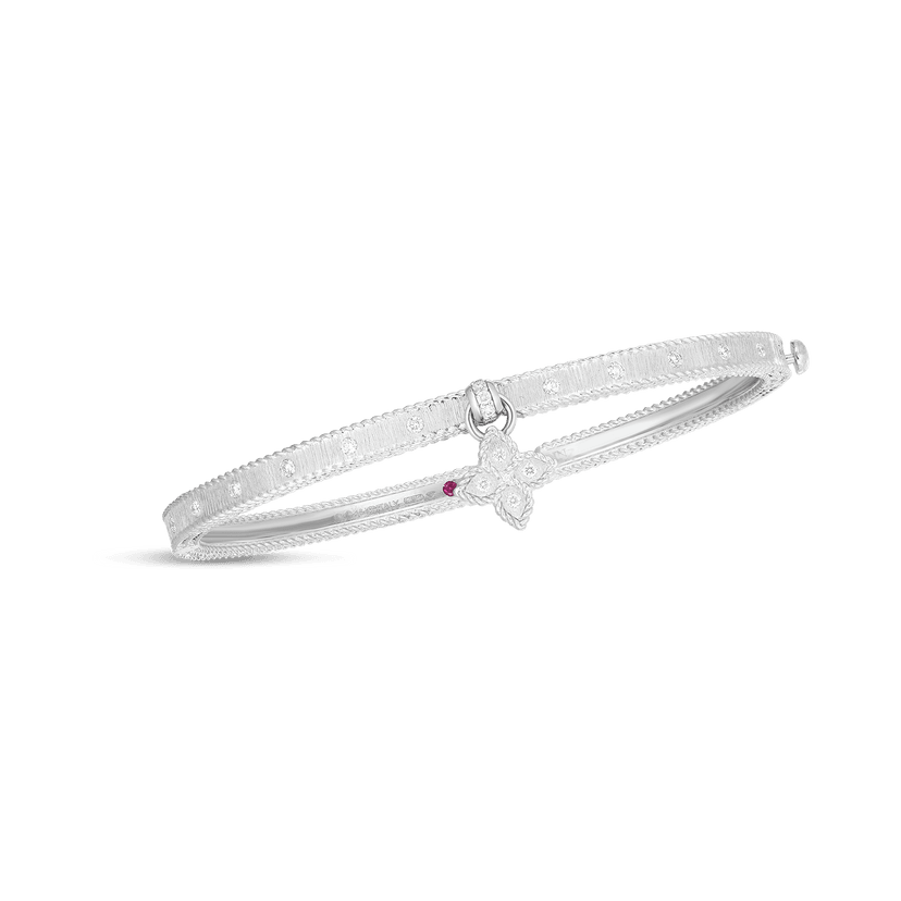 White Gold Princess Flower Bangle with Diamond Flower Charm