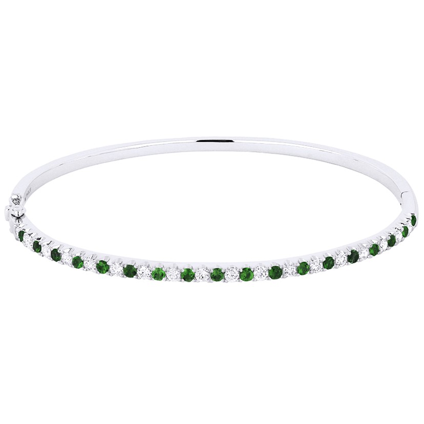14k White Gold Round Emerald and Diamond Bangle Bracelet 