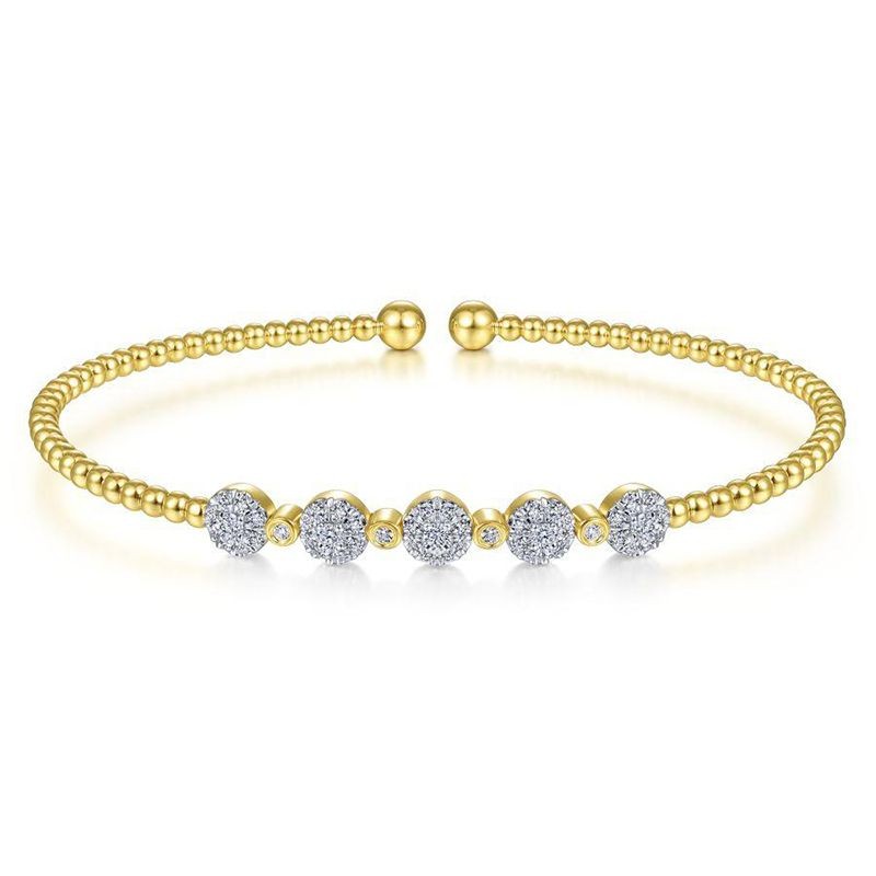 Yellow Gold Bujukan Cuff Bracelet with Pave Diamond Cluster Stations