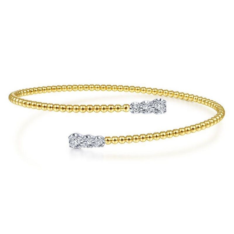 Yellow Gold Bujukan Bead Bypass Bangle with Graduating Diamond Caps