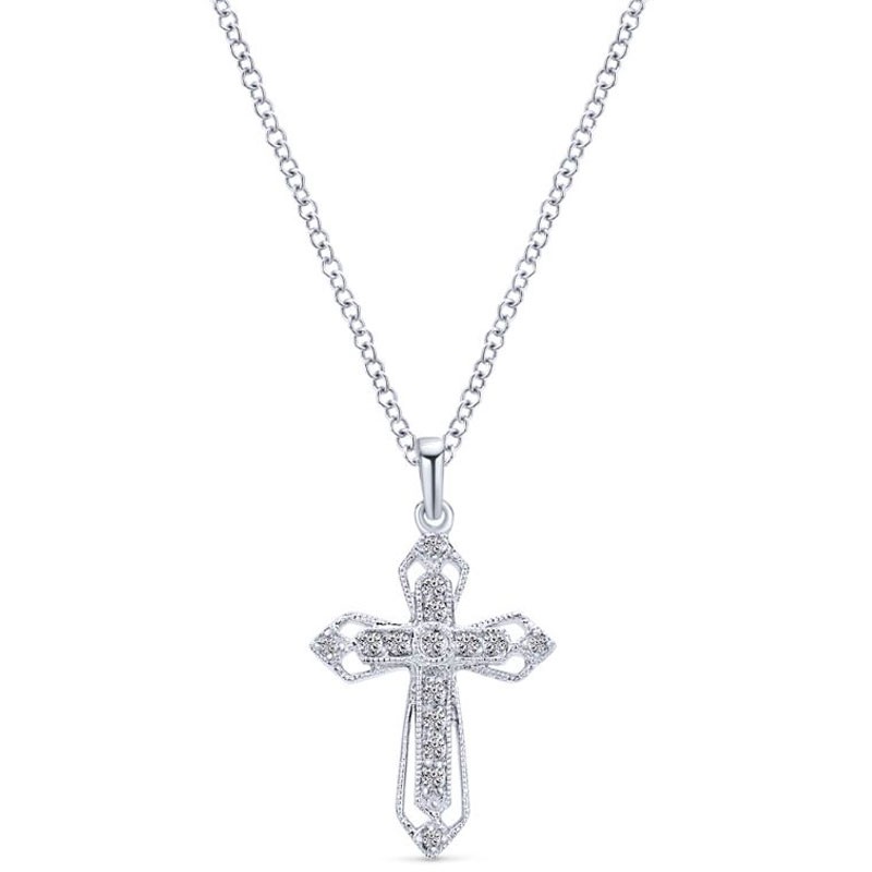 White Gold Tapered Ornate Pave Diamond Cross Pendant 
