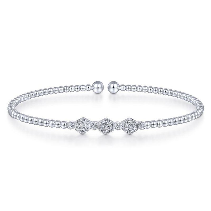 White Gold Bujukan Bead Cuff Bracelet with Cluster Diamond Hexagon Stations