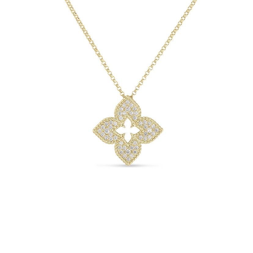 18K Yellow Gold Venetian Princess Pavé Diamond Flower Necklace
