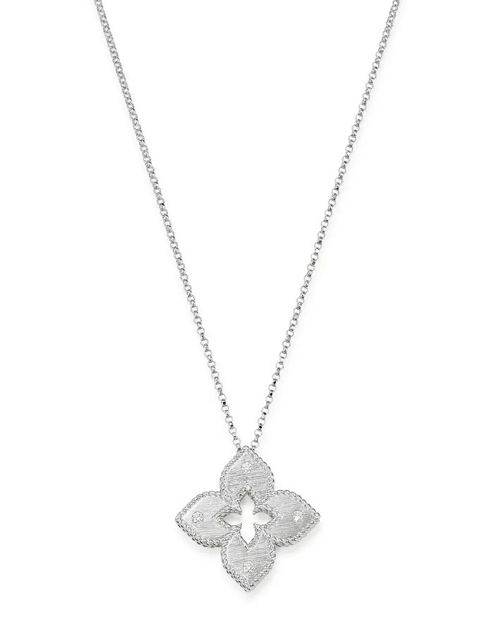 18K White Gold Petite Venetian Princess Satin & Diamond Accent Flower Necklace