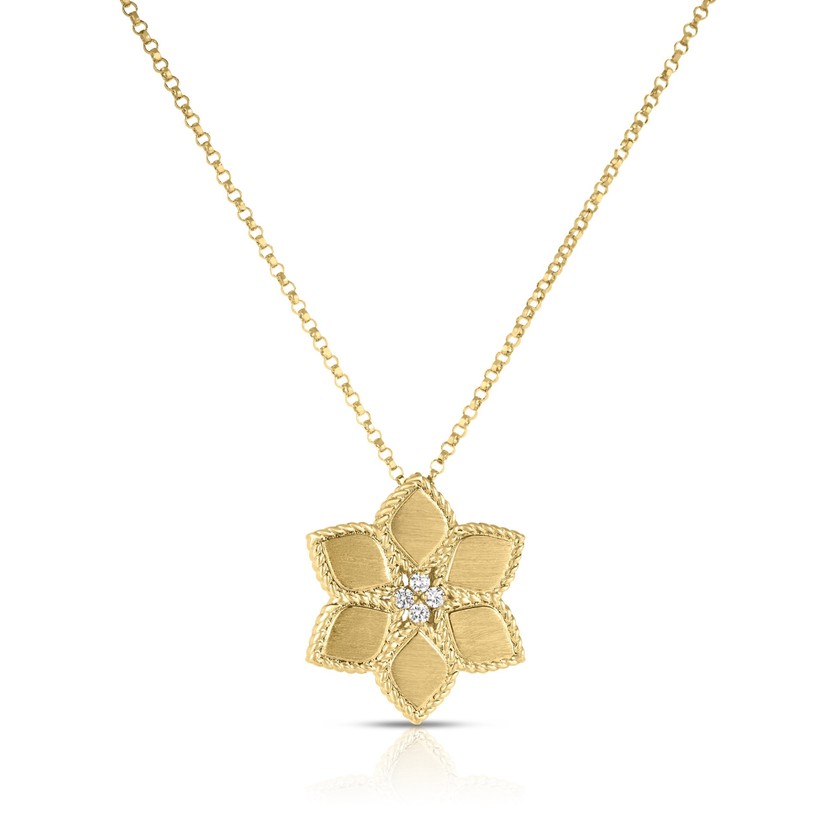 18K Yellow Gold Vernazza Diamond & Satin Finish Flower Necklace