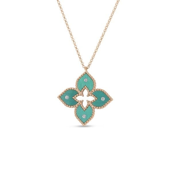 18k Rose Gold Venetian Princess Small Green Titanium and Diamond Flower Necklace