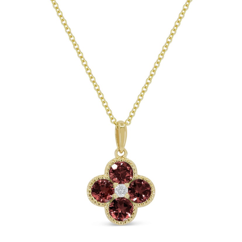 14K Yellow Gold Garnet and Diamond Flower Necklace
