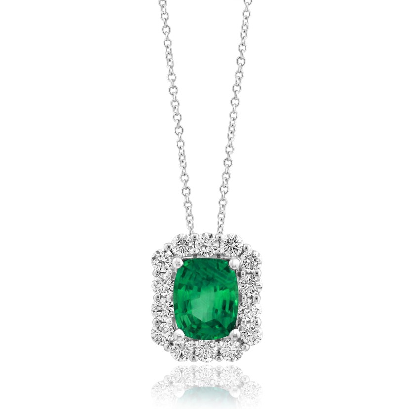 18k White Gold Emerald Diamond Halo Necklace
