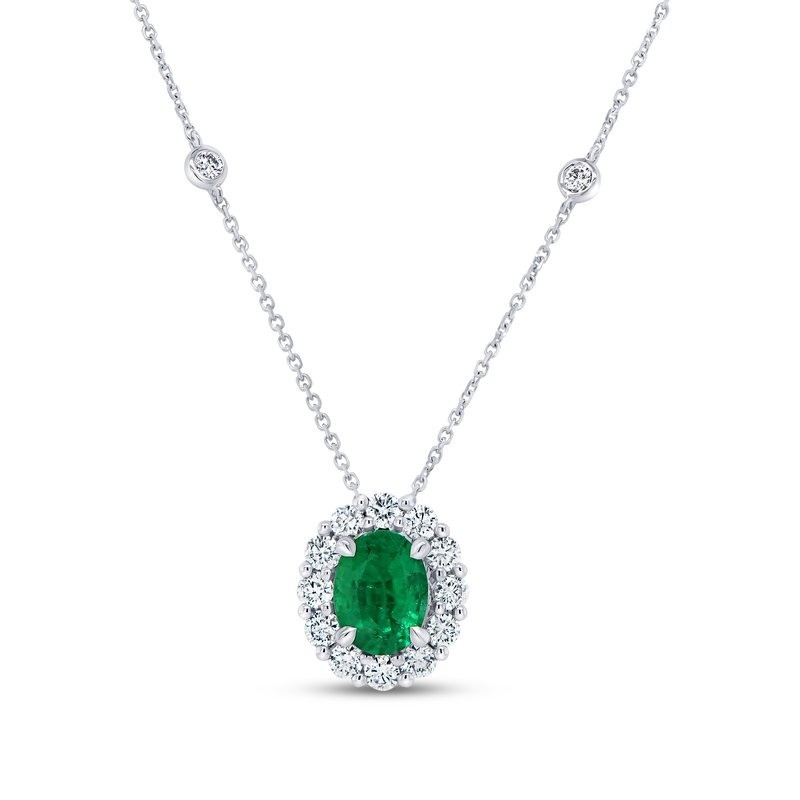 18k White Gold Emerald Halo Diamond Necklace