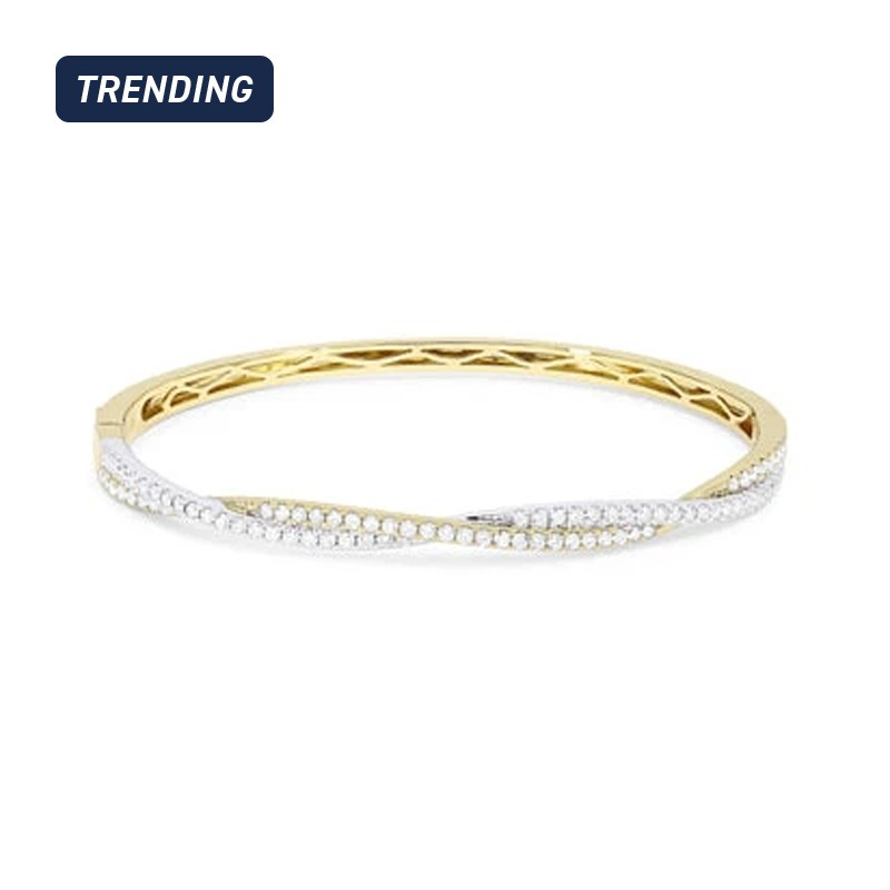 14k Yellow Gold Twisted Pave Diamond Bangle Bracelet