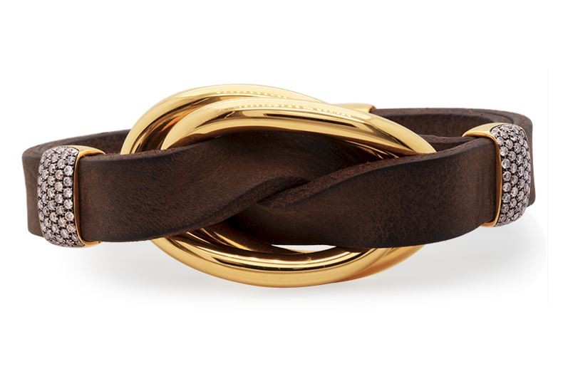 18k Yellow Gold Oval Brown Diamond Brown Leather Bracelet
