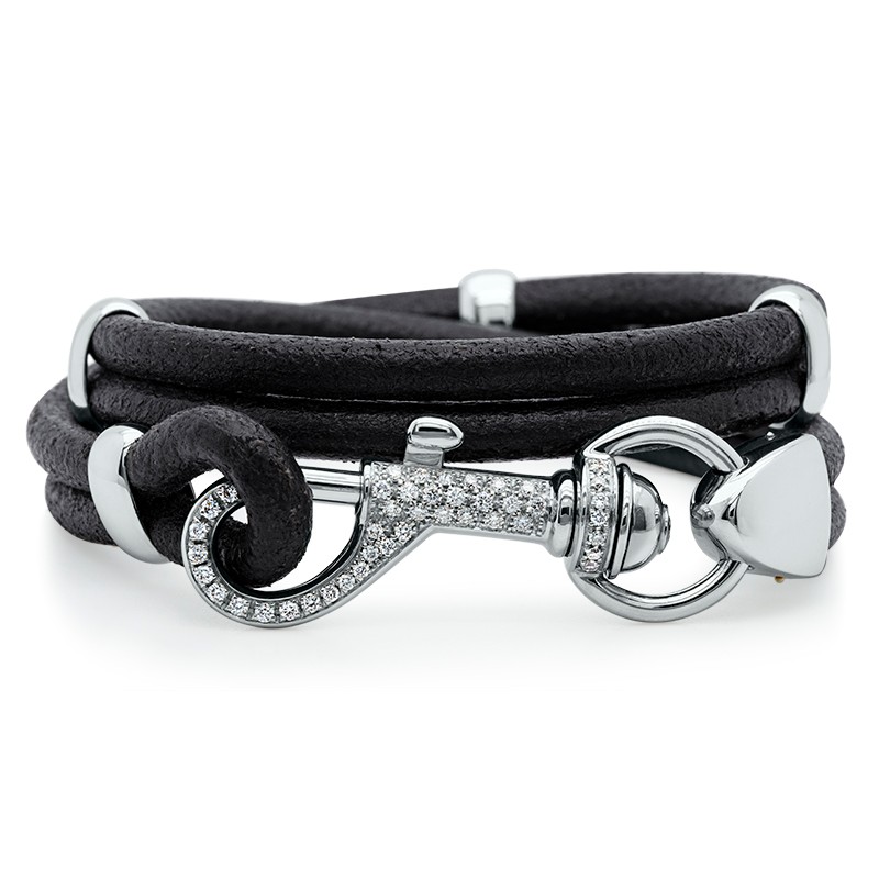18k White Gold Diamond Swivel Clasp Black Leather Double Wrap Bracelet