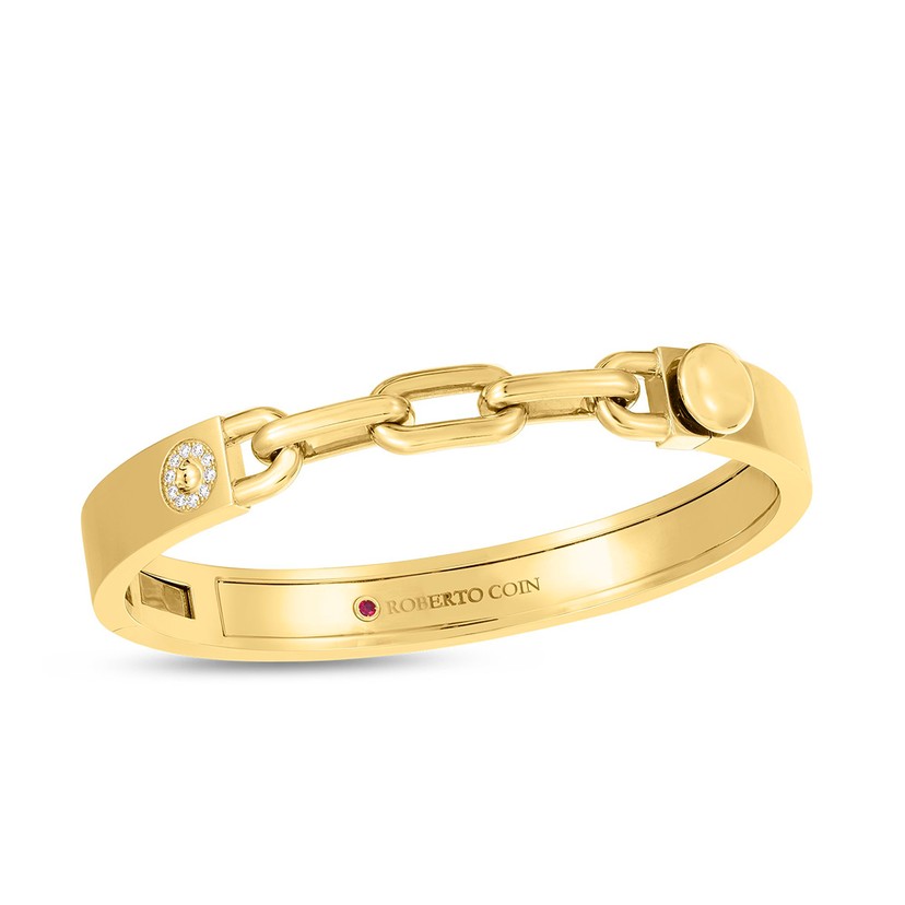 18K Yellow Gold Navarra Diamond Accent with 3 Link Chain Bangle