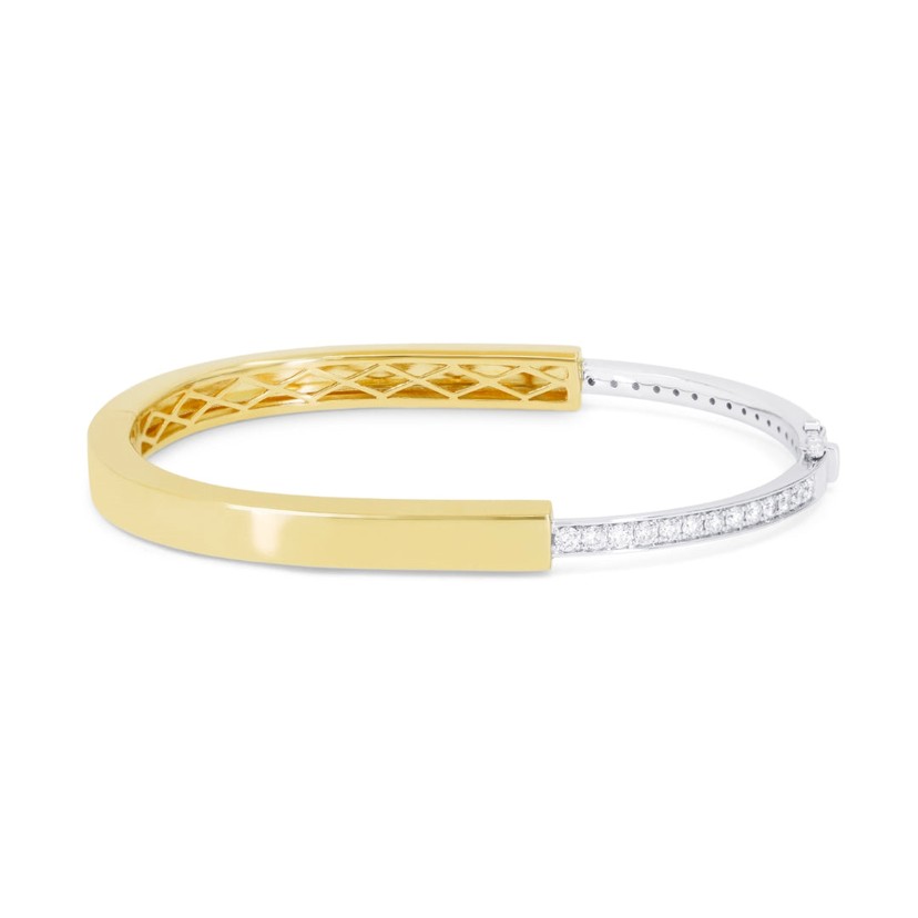 14K Two-Tone Half Diamonds Half Polished Bangle