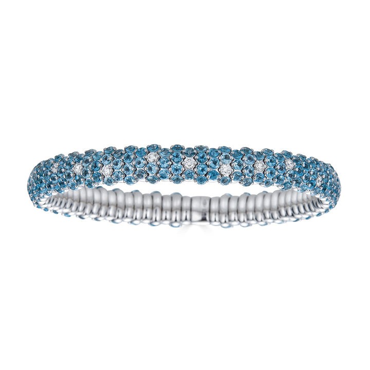18K White Gold Blue Topaz and Diamond Domed Stretch Bracelet