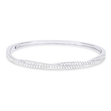 14k White Gold Twisted Diamond Bangle Bracelet