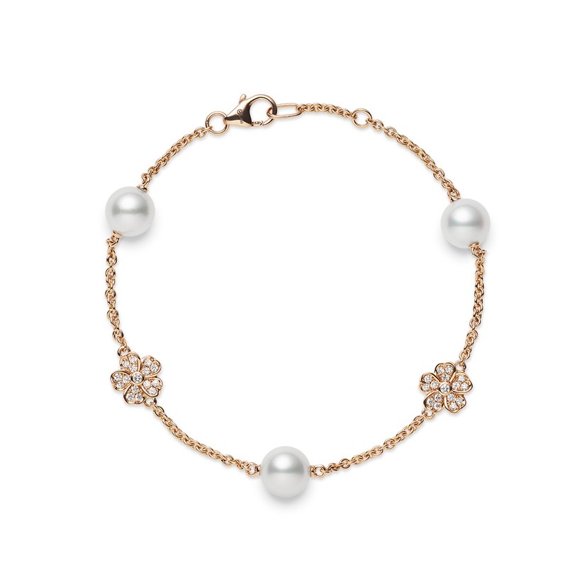 18K Rose Gold Cherry Blossom Akoya Cultured Pearl and Diamond Bracelet 