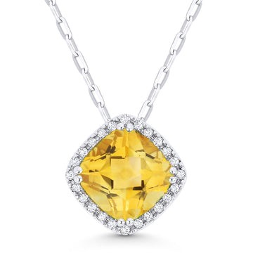 14k White Gold Cushion Citrine Pave Diamond Frame Necklace