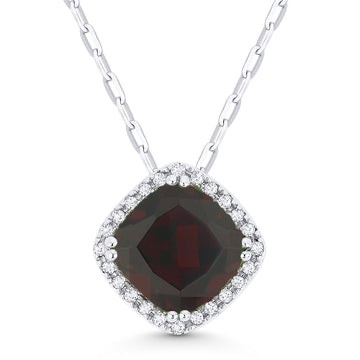 14k White Gold Cushion Garnet Pave Diamond Frame Necklace