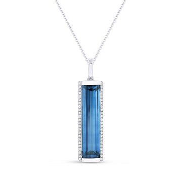 14k White Gold Swiss Blue Topaz Diamond Frame Bar Necklace